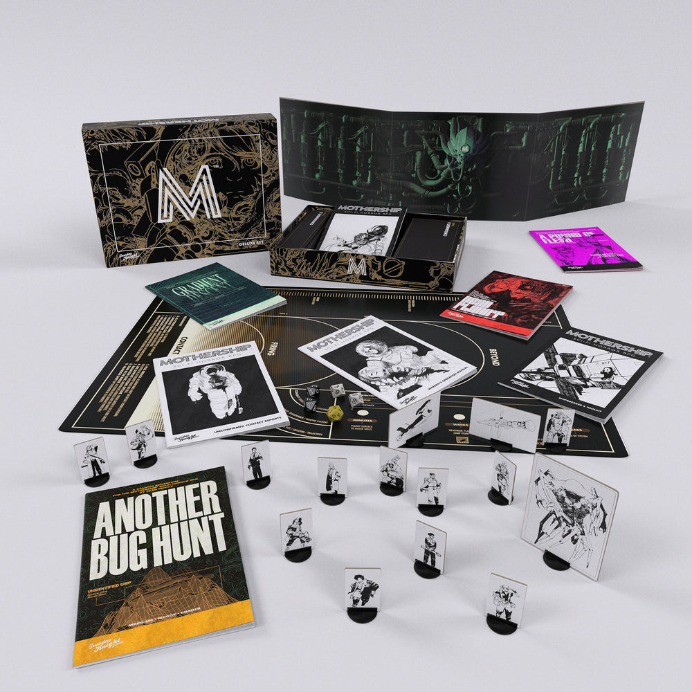 Mothership: Deluxe Set - Board game set with black and gold box, various cards, a fold-out board, booklet titled "Another Bug Hunt," and.