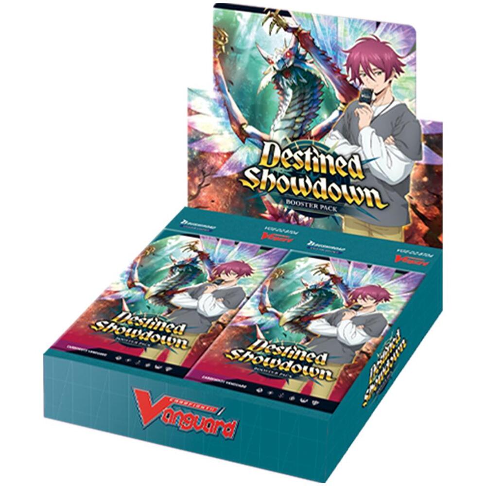 Cardfight Vanguard - Destined Showdown Booster Box - BT04 - Blue and teal Cardfight Vanguard Destined Showdown BT04 booster box featuring anime characters with dynamic backgrounds and.