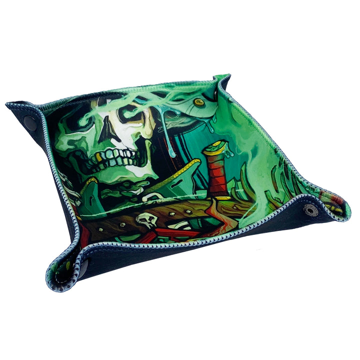 Rapscallion: Dice Tray - Square black leather dice tray with green skull and dagger design and snap corners.