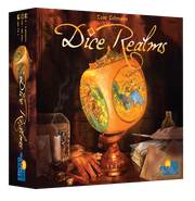 Dice Realms - Board game box with a glowing golden globe featuring colorful illustrated realms on a dark fantasy background.
