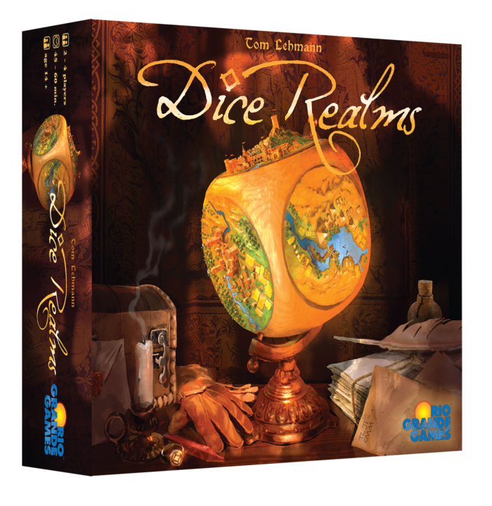 Dice Realms - Board game box with a glowing golden globe featuring colorful illustrated realms on a dark fantasy background.