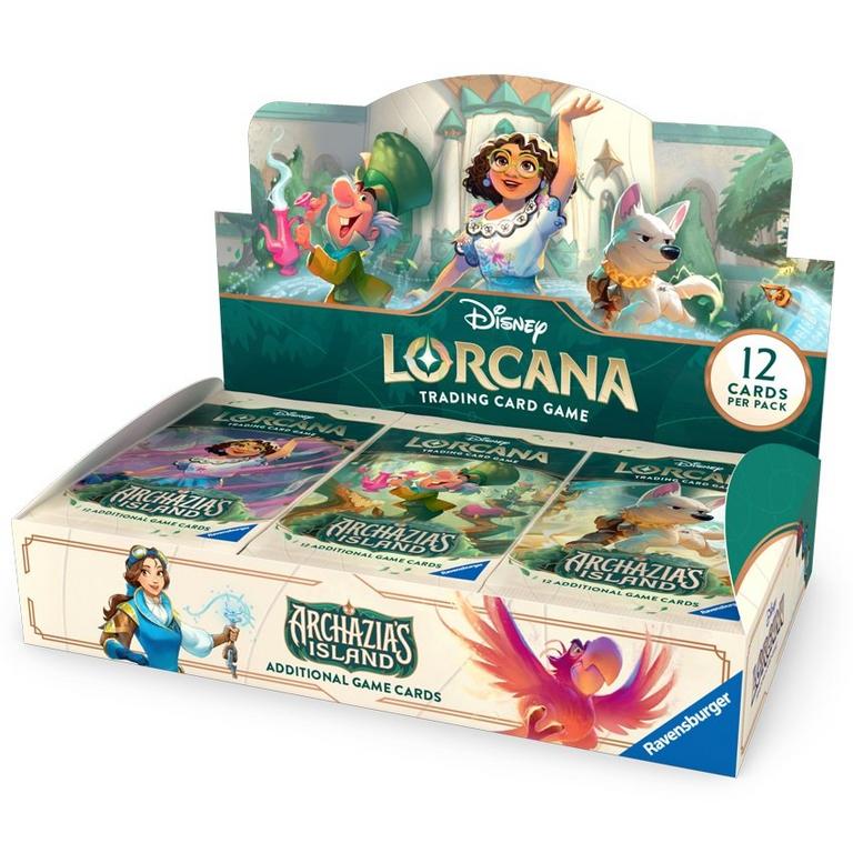 Lorcana TCG: Archazia's Island Booster Box - Open box of Disney Lorcana Archazia's Island trading cards with colorful fantasy artwork and 12-card booster packs displayed