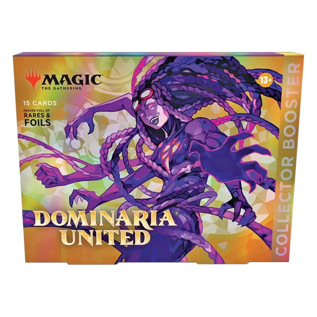 Magic: the Gathering - Dominaria United - Collector Booster Omega Pack - The Gathering Dominaria United Collector Booster pack with purple multi-armed creature artwork on holographic gold.