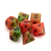 Emberlight Disco Glow-in-the-Dark Dice Set - Set of eight polyhedral dice in glow-in-the-dark orange and green with black numbers.