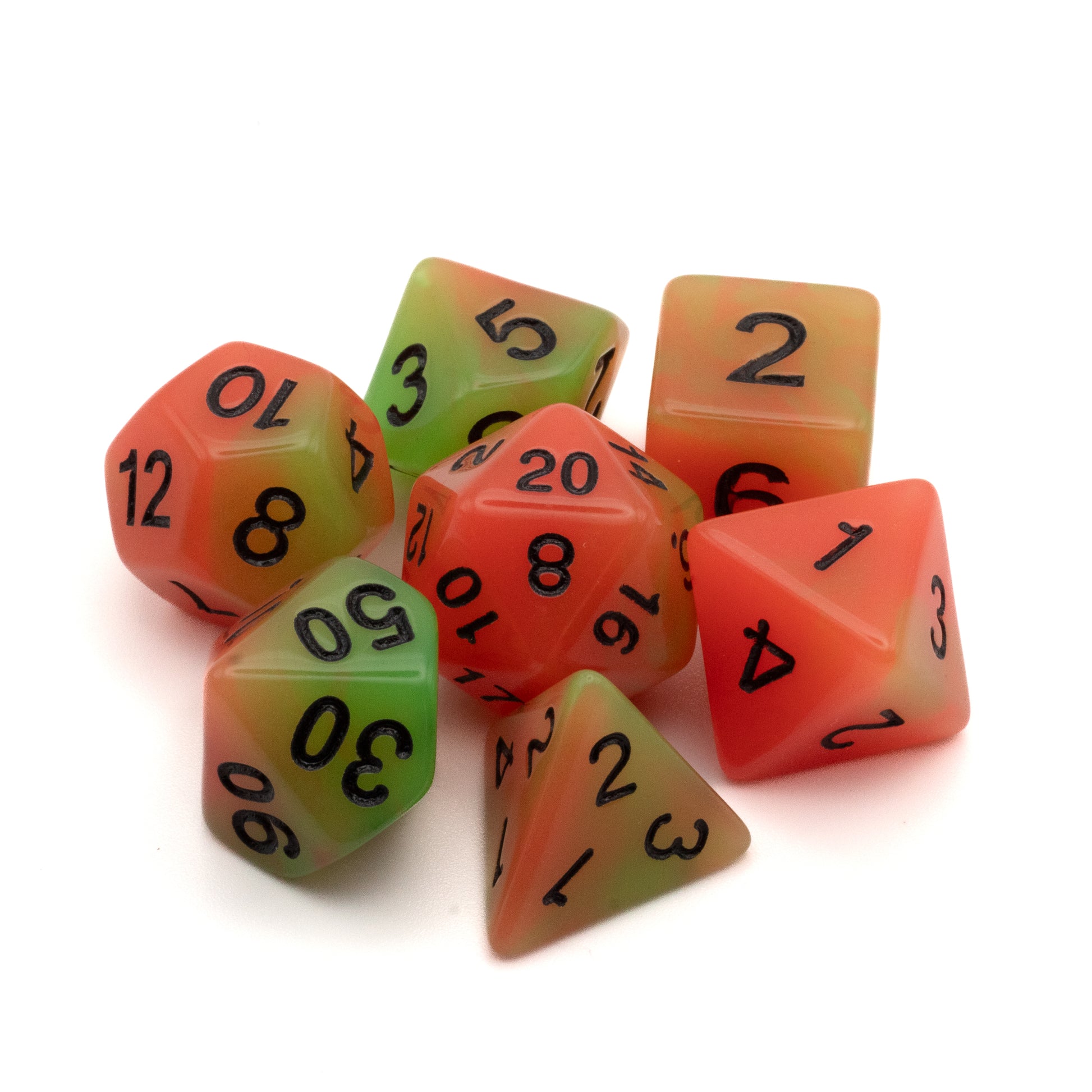 Emberlight Disco Glow-in-the-Dark Dice Set - Set of eight polyhedral dice in glow-in-the-dark orange and green with black numbers.