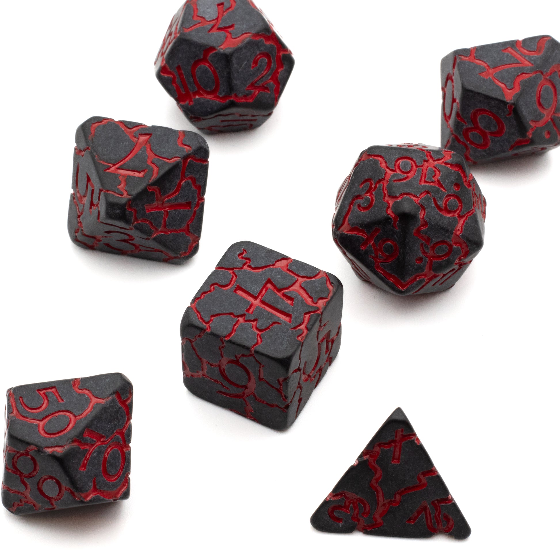 Black Cracked Slag Dice Set - Black polyhedral dice set with red crack-like patterns and numbering, including d20, d12, d10, d8, d6, d4 shapes.