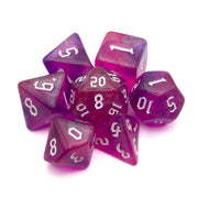 Pink & Purple Glitter Dice Set - Set of seven translucent pink and purple glittery polyhedral dice with white numbers, including d20, d12, d10, d8, d6, and.