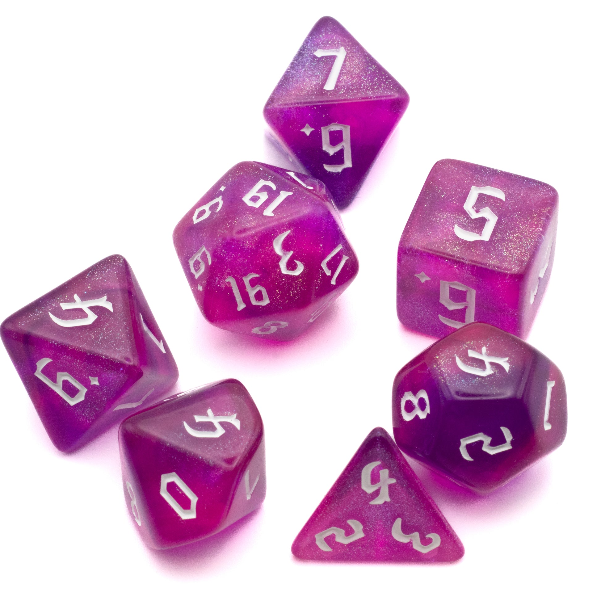 Pink & Purple Glitter Dice Set - Seven-piece polyhedral dice set in pink and purple glitter with white numbers, translucent finish.