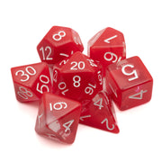 Red Fog Cloud Dice Set - Translucent red polyhedral dice set with white numbering, including d4, d6, d8, d10, d12, d20, and percentile dice.