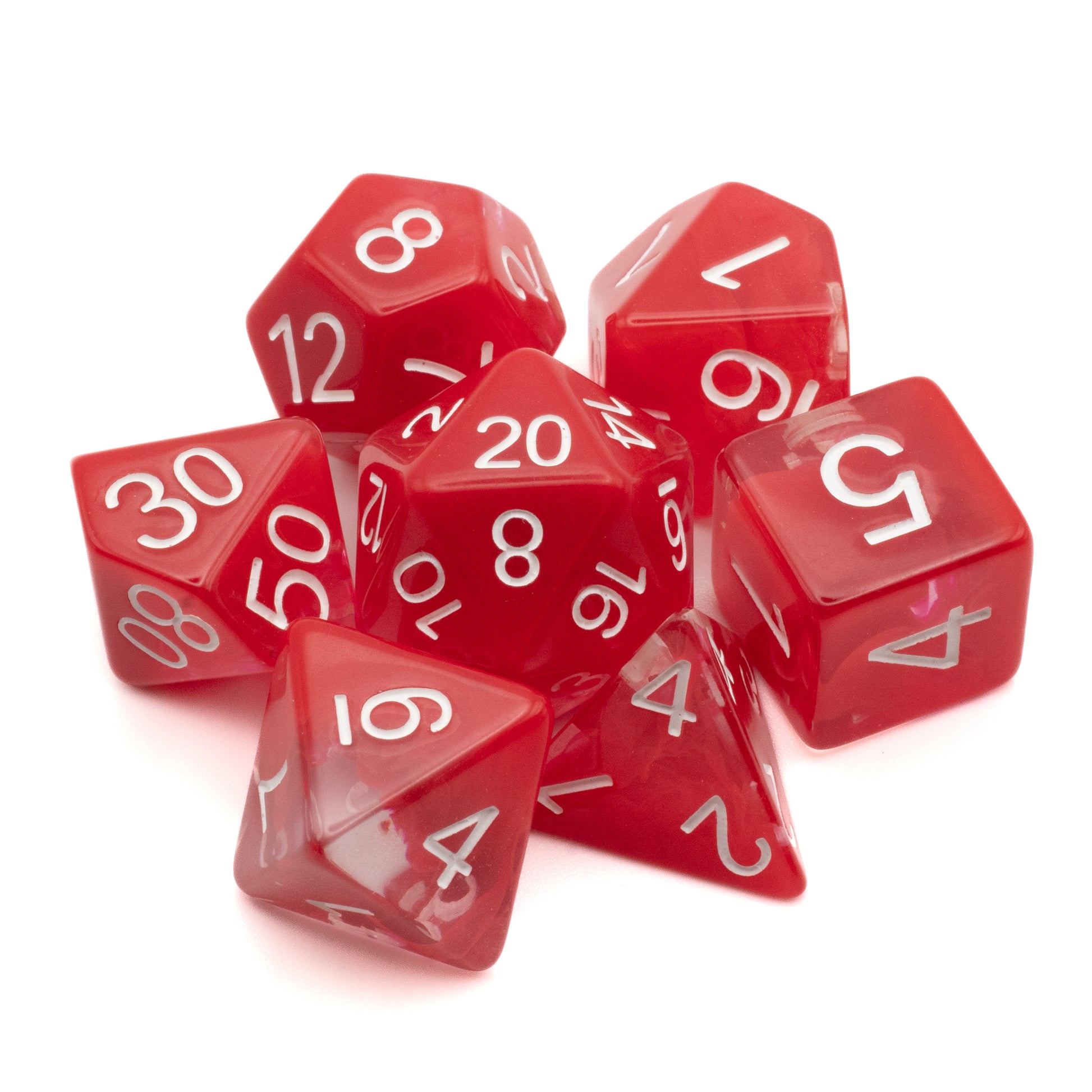 Red Fog Cloud Dice Set - Translucent red polyhedral dice set with white numbering, including d4, d6, d8, d10, d12, d20, and percentile dice.