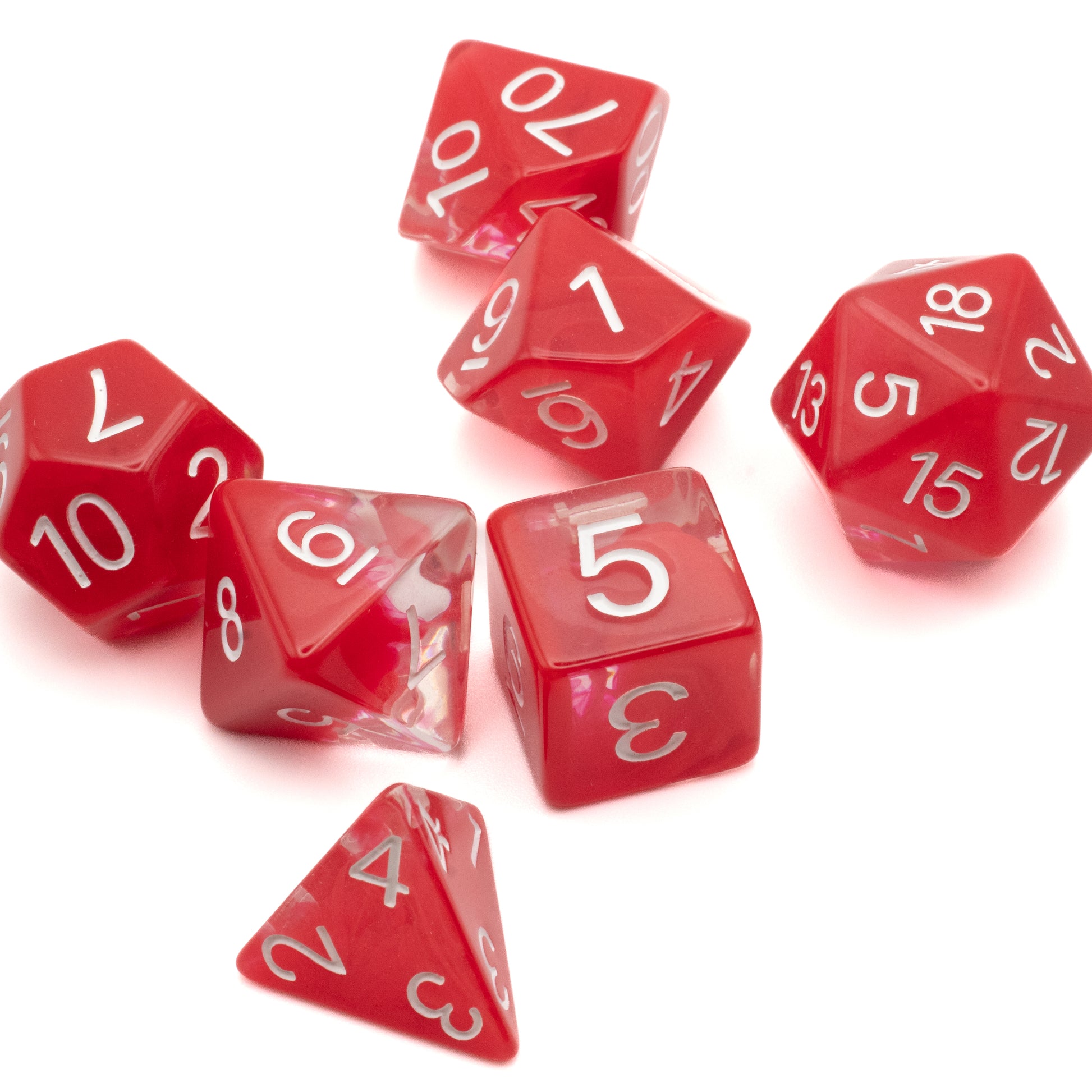 Red Fog Cloud Dice Set - Red translucent polyhedral dice set with white numbers including d4, d6, d8, d10, d12, and d20.