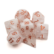 White Fog Cloud Dice Set - Seven white translucent polyhedral dice with orange numbers, featuring fog-like swirls inside each die.