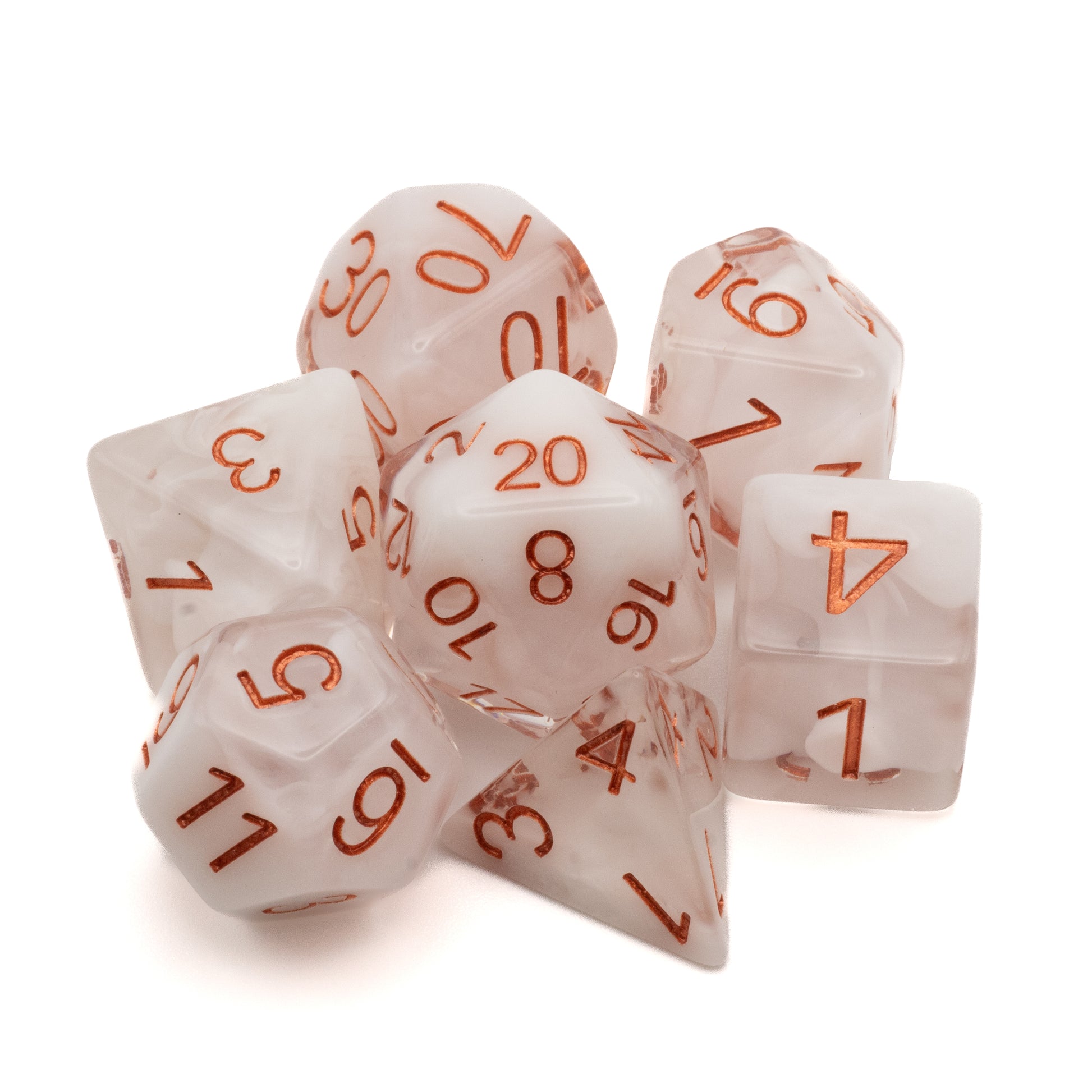 White Fog Cloud Dice Set - Seven white translucent polyhedral dice with orange numbers, featuring fog-like swirls inside each die.