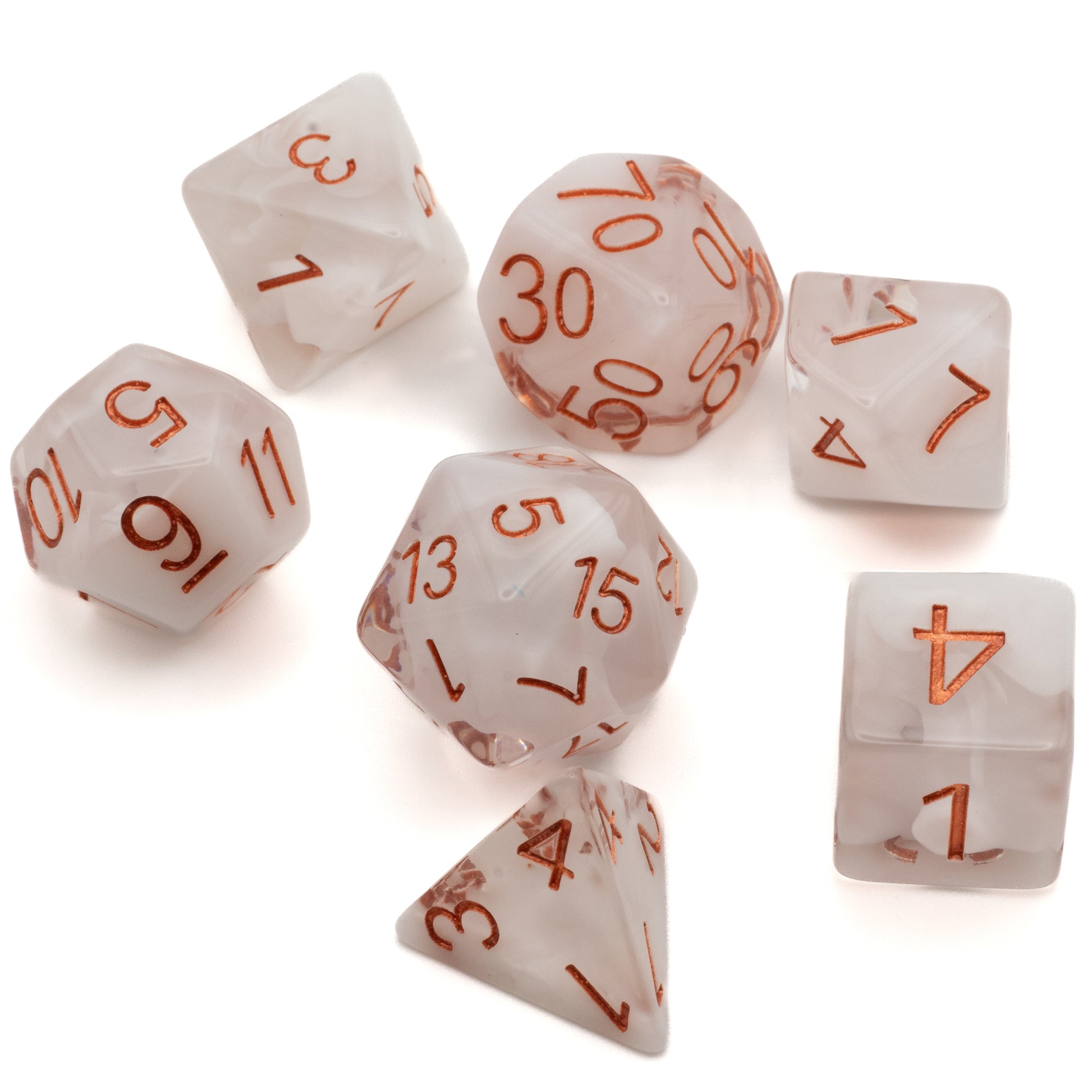 White Fog Cloud Dice Set - Seven white translucent polyhedral dice with copper-orange numbers, including d4, d6, d8, d10, percentile d10, d12, and d20.