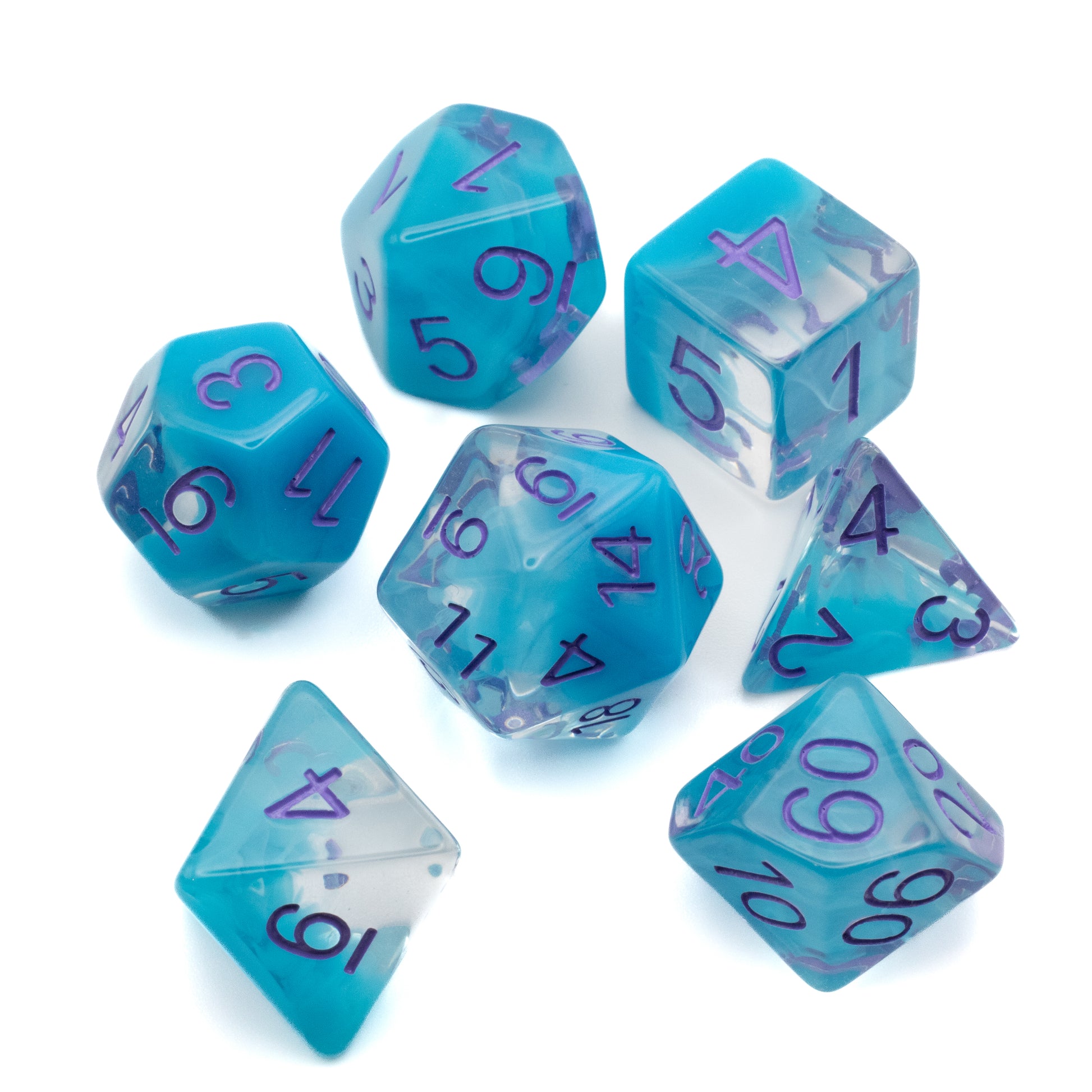 Blue Fog Cloud Dice Set - Translucent blue polyhedral dice set with foggy white swirls and purple numbers, including d4, d6, d8, d10, d12, d20, and.
