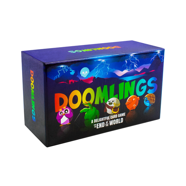 Doomlings: Classic (PREORDER) - Colorful Doomlings board game box with cartoon creatures on dark, stormy background, preorder label.