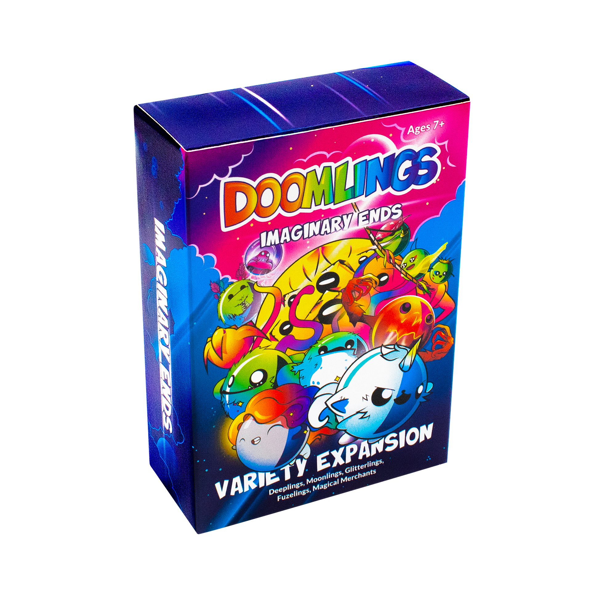 Doomlings: Imaginary Ends Expansion (PREORDER) - Colorful rectangular box with cartoonish, whimsical character illustrations and bold text "Doomlings Imaginary Ends Variety.