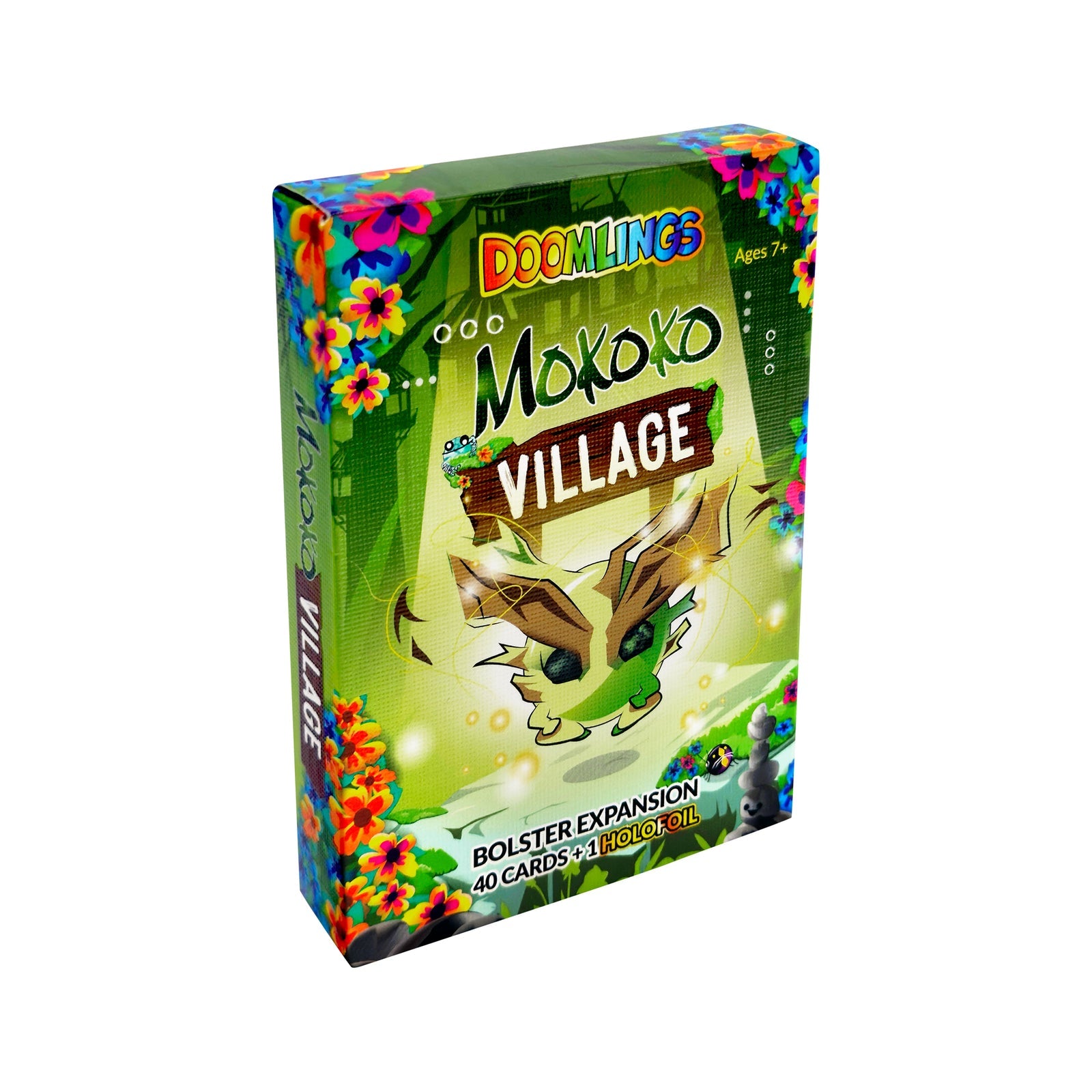 Doomlings: Mokoko Village Bolster Expansion (PREORDER) - Colorful rectangular box featuring vibrant green foliage and a stylized fantasy creature face with antlers, labeled.