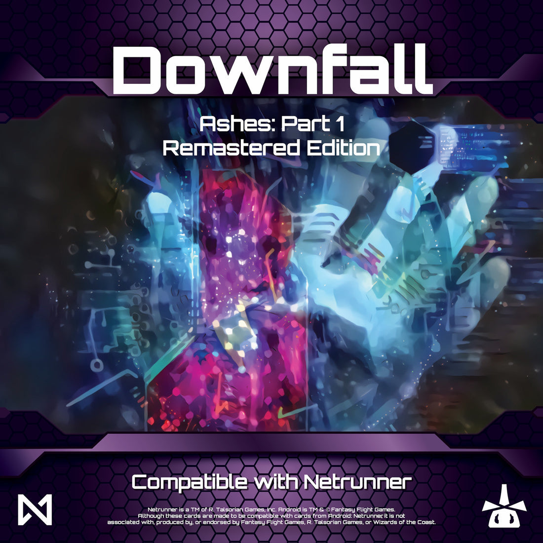 Netrunner: Ashes: Downfall Remastered Edition - Dark sci-fi card game box with purple and blue digital artwork, titled Downfall Ashes Part 1 Remastered Edition.