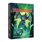 Dragonbane RPG Core Set - Dark fantasy RPG core rulebook with a green dragon breathing fire on a castle wall, red title text on front and spine.