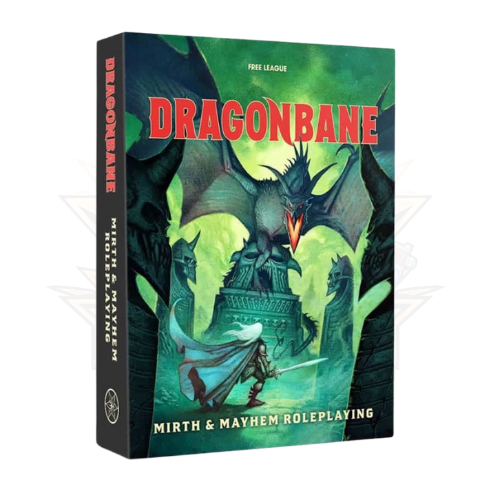 Dragonbane RPG Core Set - Dark fantasy RPG core rulebook with a green dragon breathing fire on a castle wall, red title text on front and spine.