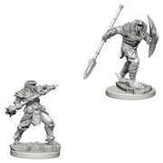 D&D Nolzur's Marvelous Miniatures: Dragonborn Male Fighter with Spear - Gray plastic miniature of a muscular Dragonborn male warrior wielding a spear and shield, standing on a textured base.