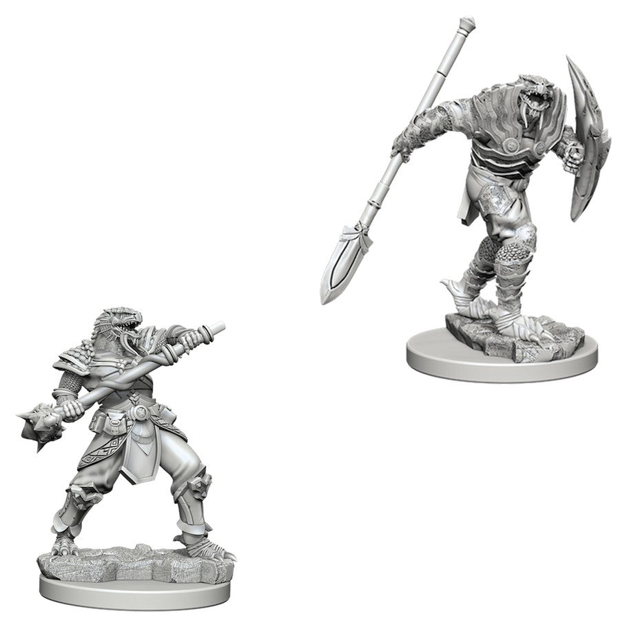 D&D Nolzur's Marvelous Miniatures: Dragonborn Male Fighter with Spear - Gray plastic miniature of a muscular Dragonborn male warrior wielding a spear and shield, standing on a textured base.