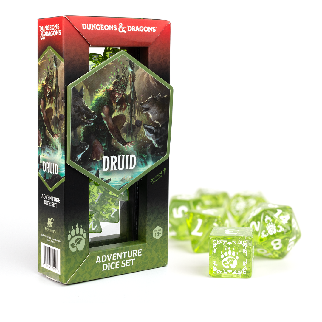 D&D Adventure Dice: Druid (Green) - Green translucent polyhedral dice set with white numbers and druid-themed packaging for D&D.