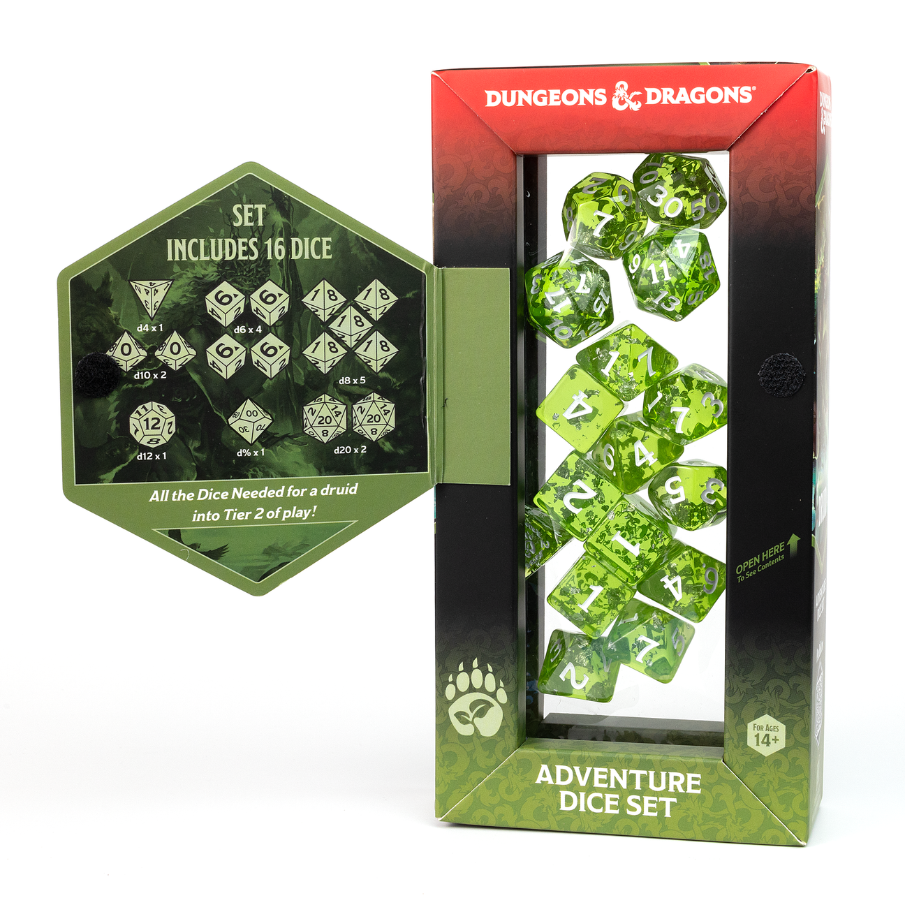 D&D Adventure Dice: Druid (Green) - Green translucent Dungeons & Dragons 16-piece druid-themed dice set in hexagonal and rectangular packaging with nature.