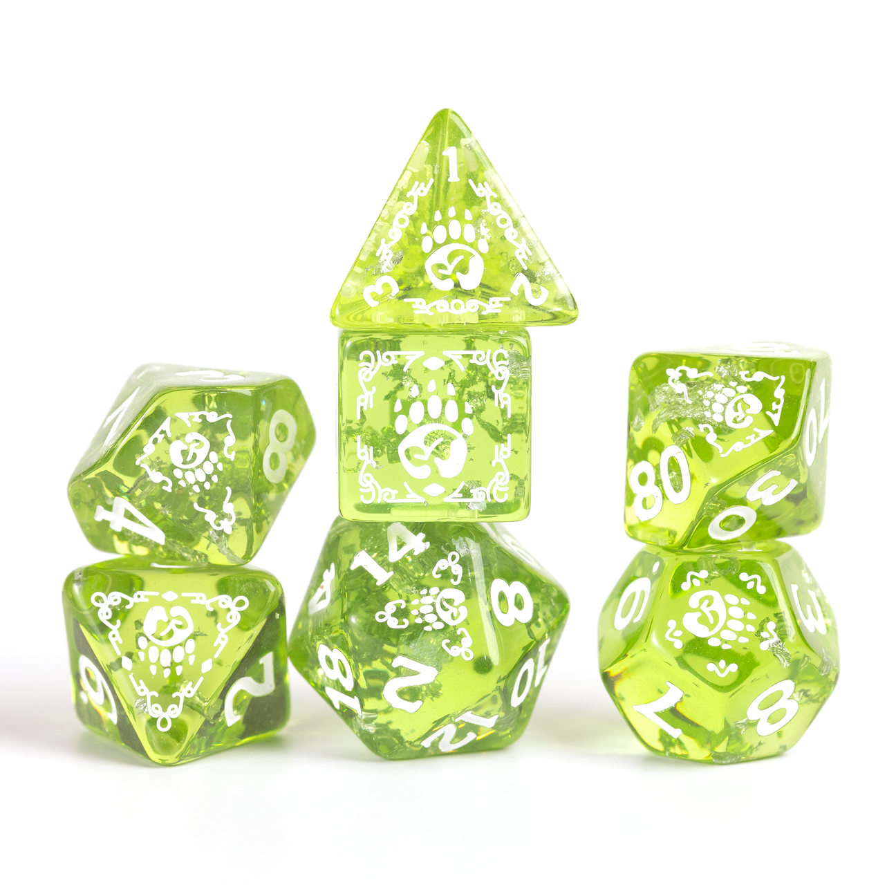 D&D Adventure Dice: Druid (Green) - Set of seven translucent green polyhedral dice with white numbering and druid-themed symbols for tabletop gaming.