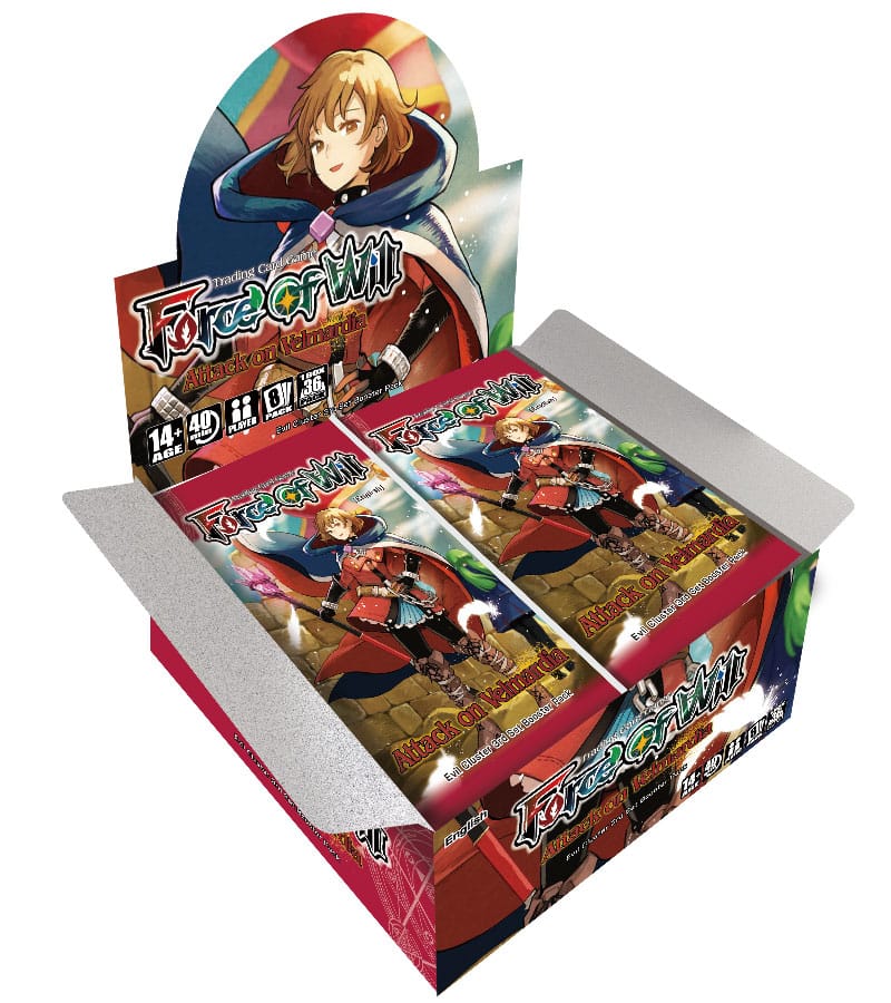 Force of Will: Attack on Velmardia Booster Display (PREORDER) - Attack on Velmardia Booster Display box with vibrant fantasy artwork and multiple booster packs inside.