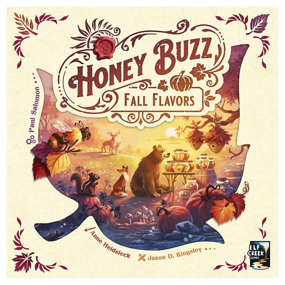 Honey Buzz: Fall Flavors Expansion - Honey Buzz Fall Flavors expansion board game box with autumn leaves, bear, bees, and honey jars illustration in warm orange.