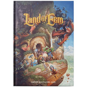 Land of Eem Core Rulebook - Hardcover RPG rulebook with colorful fantasy artwork featuring adventurers, a dragon, and a large treehouse under a blue sky.