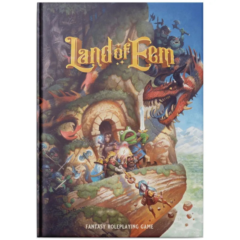 Land of Eem Core Rulebook - Hardcover RPG rulebook with colorful fantasy artwork featuring adventurers, a dragon, and a large treehouse under a blue sky.