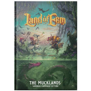Land of Eem: Mucklands Sandbox (PREORDER) - Dark fantasy RPG book cover with adventurers crossing a swamp and a large serpent underwater.
