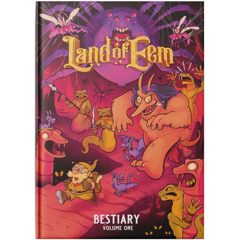 Land of Eem: Bestiary Vol. 1 (PREORDER) - Purple and red fantasy book cover with monsters and creatures, titled Land of Eem Bestiary Volume One.