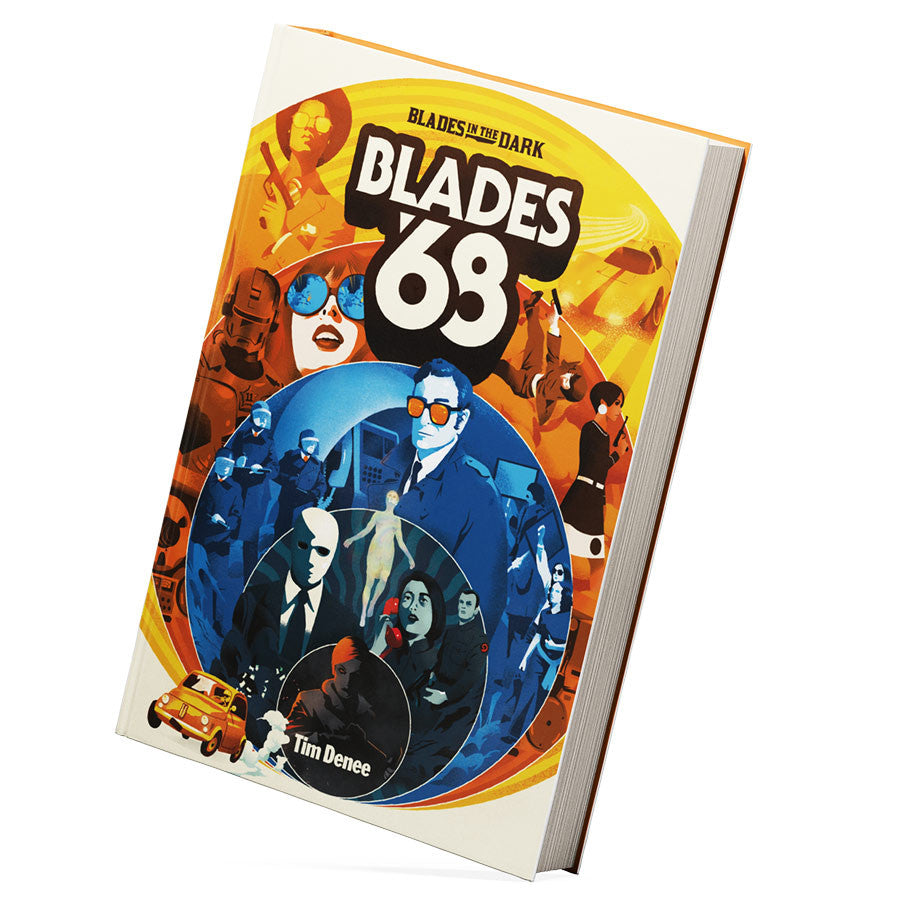 Blades in the Dark: Blades '68 (PREORDER) - Softcover game book with a colorful cover featuring stylized 1960s characters in red, orange, blue, and black tones.