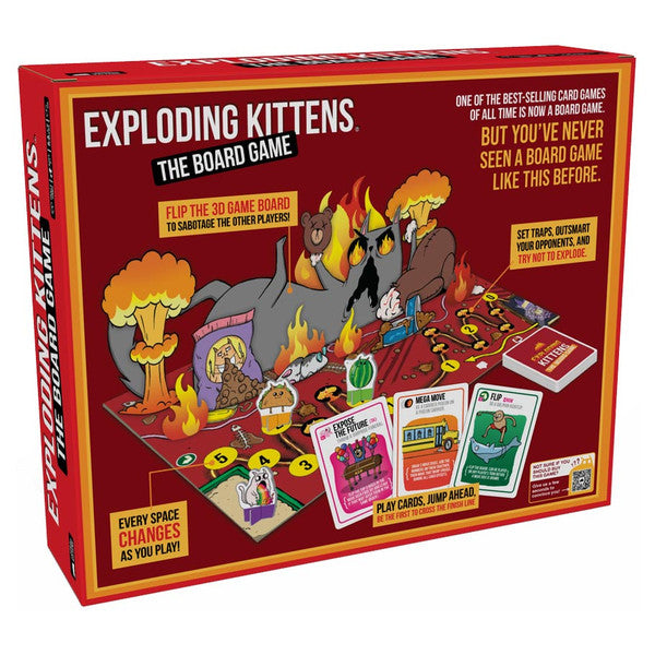 Exploding Kittens: The Board Game - Red rectangular box featuring colorful cartoon illustrations of exploding kittens and game elements for a humorous family.