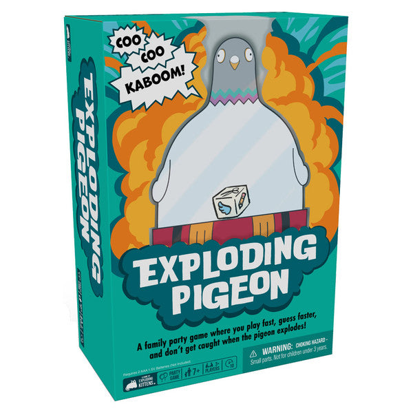 Exploding Pigeon - Boxed family party game Exploding Pigeon with a large cartoon pigeon and colorful explosion background on teal packaging.