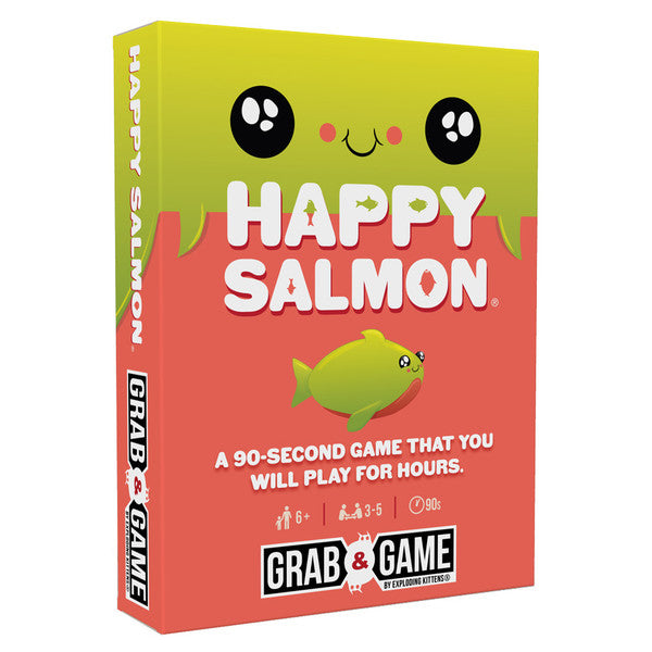 Grab & Game: Happy Salmon - Colorful rectangular card game box with playful salmon illustration and smiling face design.