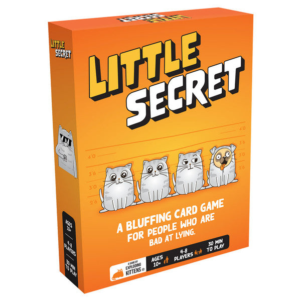 Little Secret - Orange rectangular box with bold yellow and white text "Little Secret" and four illustrated cats below, packaging for a.
