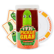 Pickle Grab - Clear plastic jar with smiling green pickle toy inside, labeled "Pickle Grab" with colorful orange and green party-themed.