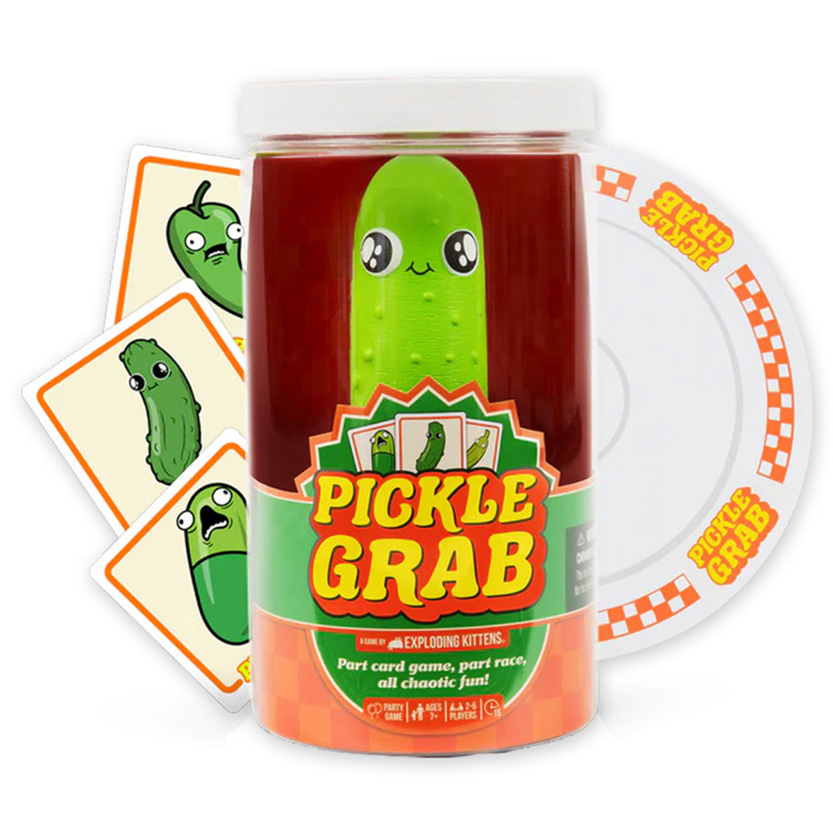 Pickle Grab - Clear plastic jar with smiling green pickle toy inside, labeled "Pickle Grab" with colorful orange and green party-themed.