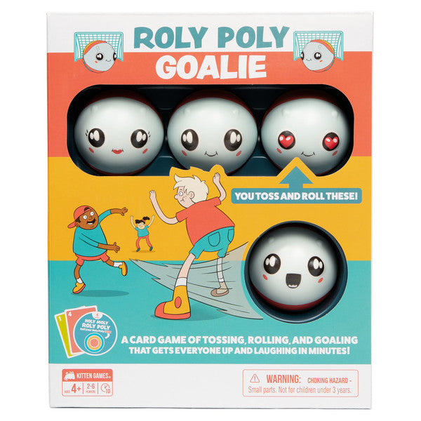 Roly Poly Goalie - Boxed kids game "Roly Poly Goalie" with four white balls featuring different playful facial expressions and colorful cartoon