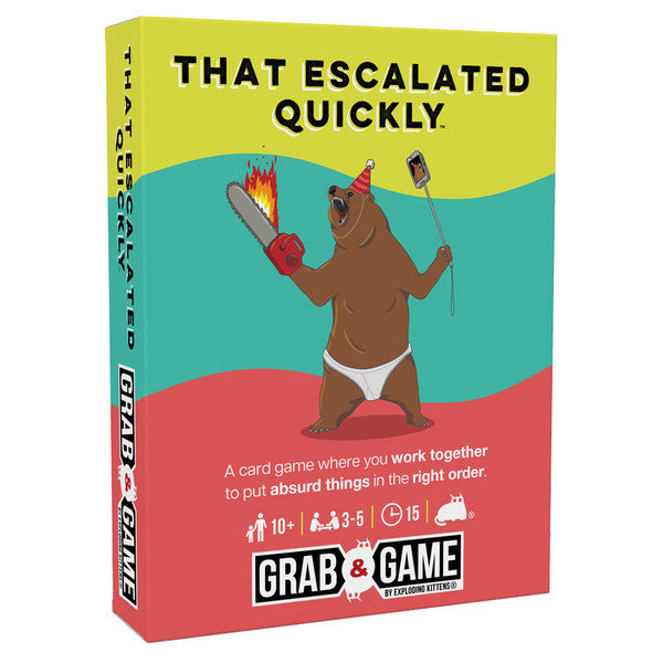 Grab & Game: That Esclated Quickly - Rectangular card game box with bear in diaper holding a flaming torch and stick, bright yellow, teal, and red background,.