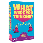 What Were You Thinking? - Bright blue rectangular box with bold yellow and pink text "What Were You Thinking?" featuring two pink cartoon cats wearing