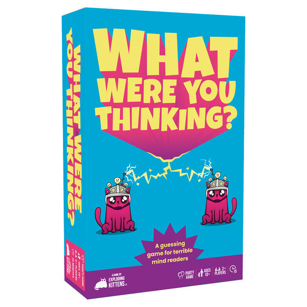 What Were You Thinking? - Bright blue rectangular box with bold yellow and pink text "What Were You Thinking?" featuring two pink cartoon cats wearing