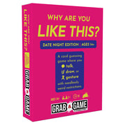 Grab & Game: Why Are You Like This: Date Night Edition - Bright pink rectangular box with bold yellow text "Why Are You Like This?" and a subtitle "Date Night Edition" featuring a.