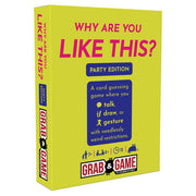 Grab & Game: Why Are You Like This: Party Edition - Bright yellow rectangular box with bold pink and blue text, labeled "Why Are You Like This? Party Edition" card game.