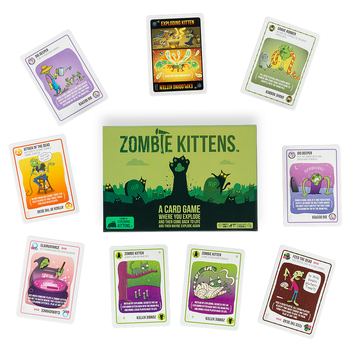 Zombie Kittens - Zombie Kittens card game box with dark green cover and multiple colorful illustrated game cards arranged around it.